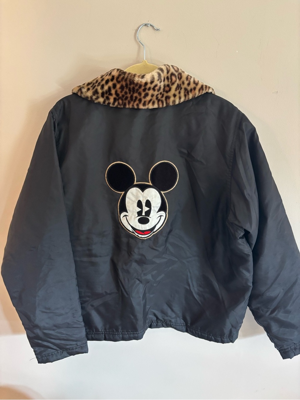 Vintage 90s Mickey & Co Donnkenny Bomber Jacket Leopard Collar Size M Black